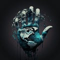 double exposure, a map of earth on a hand, dripping with water on a black background, intricately map of the world, generative ai Royalty Free Stock Photo