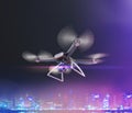 Double Exposure, Modern Remote Control Air Drone Flying with action camera. on black background. 3D . Royalty Free Stock Photo