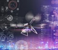 Double Exposure, Modern Remote Control Air Drone Flying with action camera. on black background. 3D . Royalty Free Stock Photo