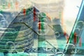 Double exposure of money and building with falling graph. Ecomomic bubble related
