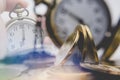 Double exposure of money, clock, calculator. Finance and banking