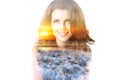 Double exposure nature. Portrait of beautiful young woman and sunset sea. Royalty Free Stock Photo