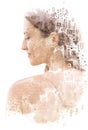 Double exposure. Paintography. Portrait of an attractive woman with long hair combined with unusual hand drawn painting Royalty Free Stock Photo