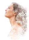 Double exposure. Paintography. Close up portrait of an attractive woman with long brown hair combined with unusual hand drawn Royalty Free Stock Photo