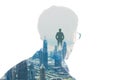 Double Exposure Of Person`s Head And City