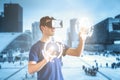 Double exposure person wearing virtual reality VR headset and cityscape