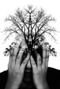 Double exposure photo of stressful man with silhouette of tree b