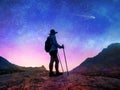 Double exposure photo with woman silhouette and night sky with mountains. Hiking and travel concept Royalty Free Stock Photo