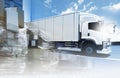 Double Exposure Photos of Cargo Truck Driving with the Shipment Package Boxes. Industry Road Freight Truck. Logistics Trucks. Royalty Free Stock Photo
