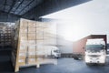 Double Exposure Photos of Package Boxes with Semi Trailer Container Truck Loading Cargo at Distribution Warehouse. Supply Chain. Royalty Free Stock Photo