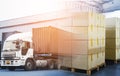 Double Exposure Photos of Package Boxes with Semi Trailer Truck Loading Cargo at Distribution Warehouse. Commerce Supply Chain. Royalty Free Stock Photo