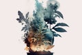double exposure of plant with active furnaces and smoke pouring out