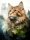 Double exposure portrait of beautiful domestic cat and majestic forest landscape. Animal in nature. Naturall pet food concept