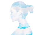 Double exposure portrait of beautiful girl in profile and  striped watercolor drawing. Young woman`s face and watercolor of blue Royalty Free Stock Photo