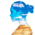 Double exposure portrait of beautiful girl in profile. Young woman and blue sky with fields Royalty Free Stock Photo