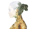 Double exposure portrait of beautiful girl in profile. Young woman and olive trees