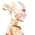 Double exposure portrait of beautiful girl in profile. Young woman with spring white flowers. Youth, nature, natural cosmetics, Royalty Free Stock Photo