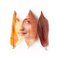 Double exposure portrait of beautiful young brunette woman and fall leaves isolated on white background. Autumnal seasonal concept Royalty Free Stock Photo