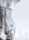 Double exposure portrait of woman in bikini and New York City skyline