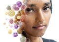Double exposure portrait of a young woman combined with 3D spheres Royalty Free Stock Photo