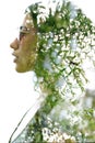 A double exposure portrait of a young woman profile with sun glasses against white background Royalty Free Stock Photo