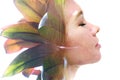 A double exposure profile portrait of a woman combined with an image of foliage. Royalty Free Stock Photo