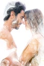 Double exposure profile portrait of a young healthy couple combined with a photograph of smoke swirls