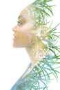 A portrait of a woman combined with foliage in a double exposure technique. Royalty Free Stock Photo