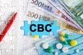 Double exposure. Puzzles with the image of pills, medical mask, pens and euro with the inscription -CBC