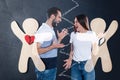 Double exposure of quarreling couple and human figures broken hearts. Relationship problems Royalty Free Stock Photo