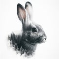 Double exposure rabbit with a forest and mountains isolated on a white background. ai generative