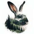 Double exposure rabbit with a forest and mountains isolated on a white background. ai generative