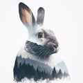 Double exposure rabbit with a forest and mountains isolated on a white background. ai generative
