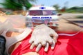 Double exposure of Rescuer CPR, Training for safe life, first aid, Ambulance speeding to accident. Royalty Free Stock Photo