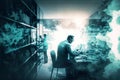 double exposure of researching scientist, business laboratory room