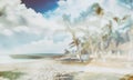 Double exposure of retro style background on which there is the beach with palm trees