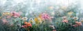 Double exposure of a flower garden and heavy rain.