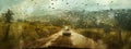 Double exposure of rural landscape with road and one car, and heavy rain.