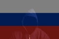 Double exposure of Russian flag and Anonymous person in hood