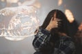 Double exposure of scared woman suffering from herpetophobia on grey background. Fear or aversion to reptiles Royalty Free Stock Photo