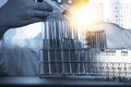 Double exposure of Scientists put a chemical syringe into a test tube and element table during an experiment in a science Royalty Free Stock Photo