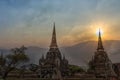 Double exposure sculpture Landscape of Ancient old pagoda is Famous Landmark old History Buddhist temple,Beautiful Wat Chai