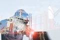Double exposure ship repair and industrial worker welding steel structure Royalty Free Stock Photo