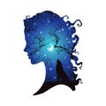 Double exposure silhouette of beautiful woman with shadow of wolf in the night forest, crescent moon and stars. Sticker or tattoo Royalty Free Stock Photo