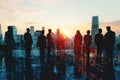 double exposure silhouette Group of multinational businesspeople and digital technology concept. Wide angle visual for Royalty Free Stock Photo
