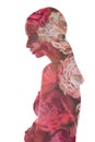 double exposure silhouette pink rose flower woman