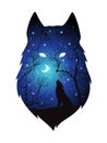 Double exposure silhouette of wolf in the night forest,