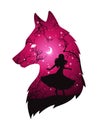 Double exposure silhouette of wolf with shadow of beautiful woman in the night forest, crescent moon and stars. Sticker or tattoo