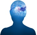 Double exposure of silhouette woman and cosmic galaxy.