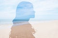 Double exposure with silhouette of woman and sea. Concept of psychological health